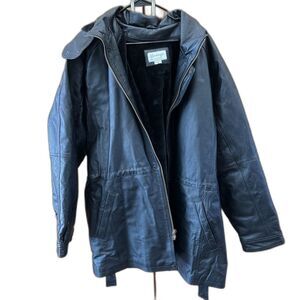 Vintage Leather 4XL Black Coat Removable Lining Hood Pockets Toggle Waist Tie